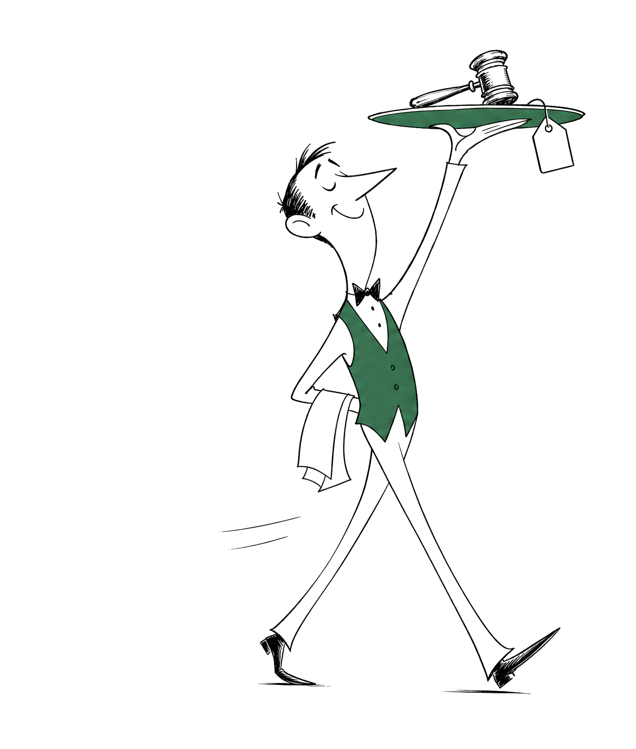 The Steward striding with his tray held high, a gavel upon it